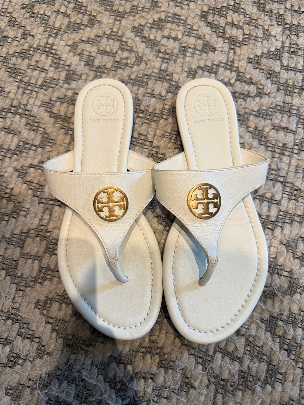 Tory Burch Cream Leather Miller Thong Sandals with Gold Logo